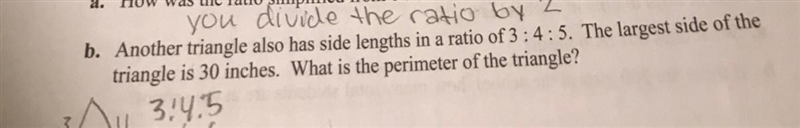 another triangle also has side lengths in a ratio of 3:4:5 the largest side is 30 inches-example-1