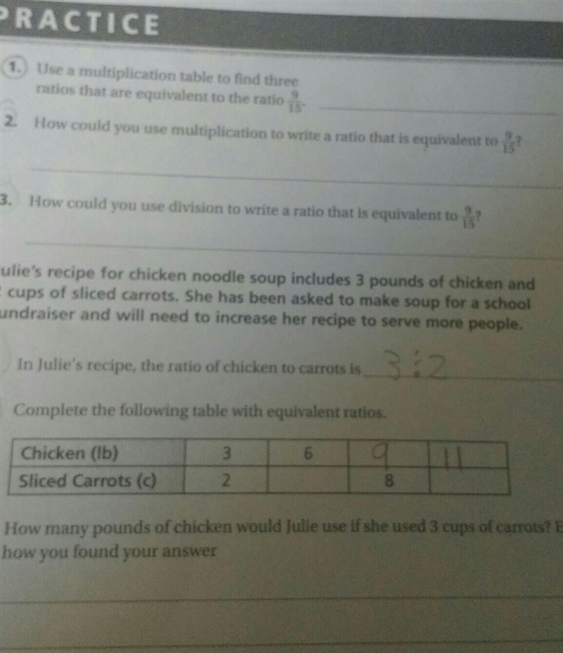 Use a multiplication table to find three ratios that are equivalent to the ratio 9/15​-example-1