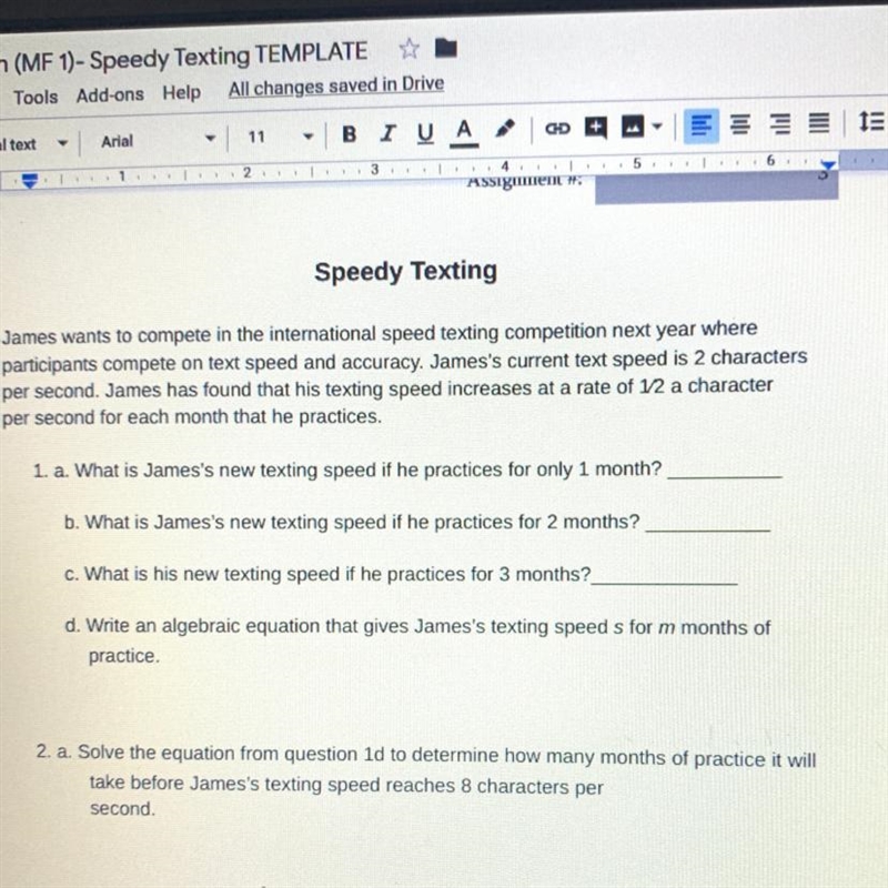 1. A. What is James’s new texting speed if he practices for 1 month? What is James-example-1