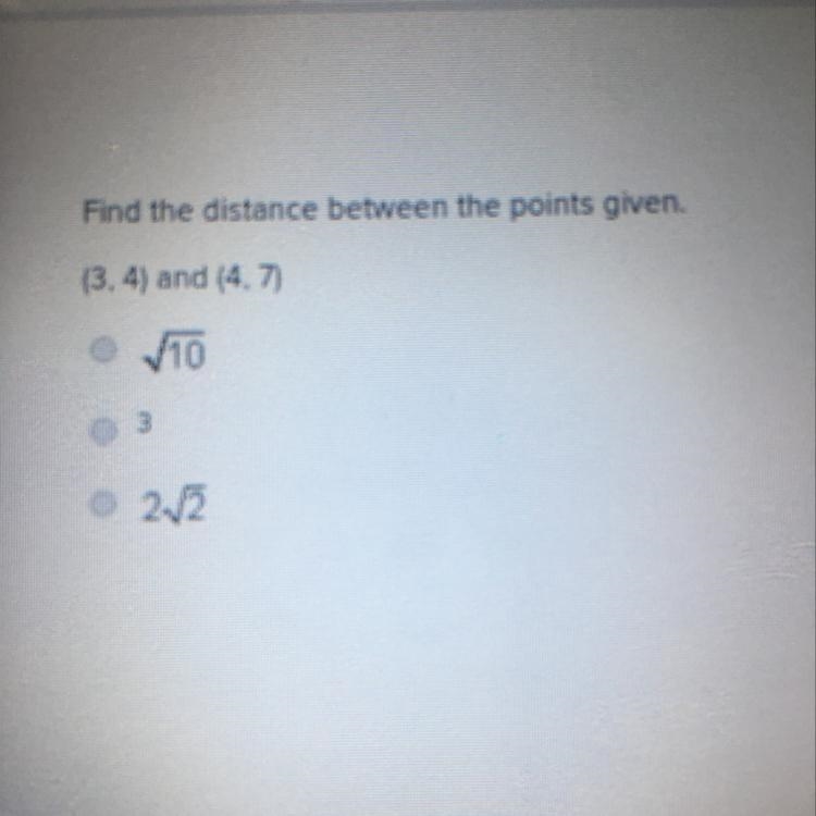 Find the distance between (3,4) and (4,7)-example-1