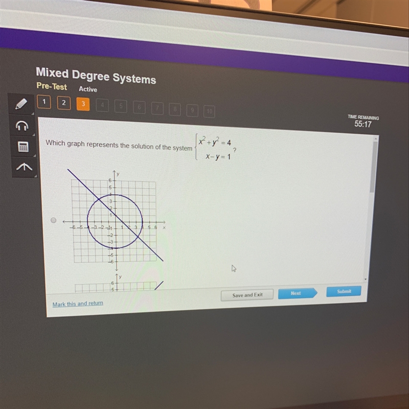 Which graph represents the solution of the system {x^2+y^2=4 X-y=1?-example-1