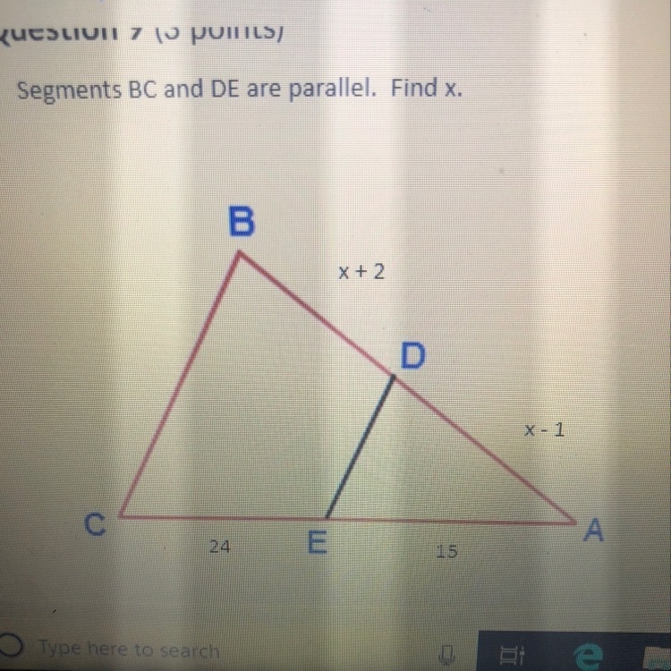 Segments BC and DE are parallel. Find x A. 5 B. 4 C. 6 D. 7-example-1