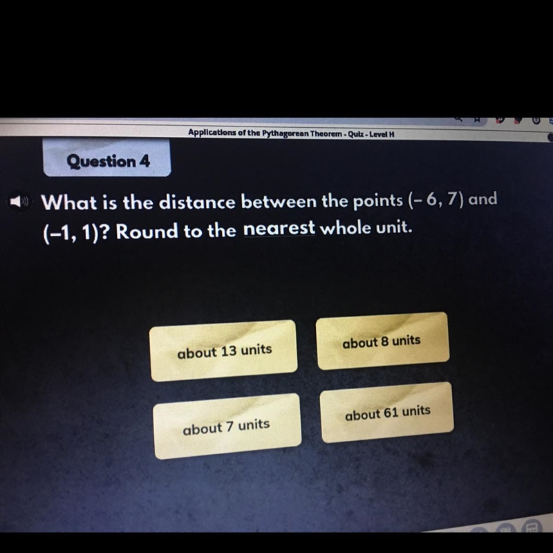 What is the distance between the points (-6, 7) and (-1, 1)? Round to the nearest-example-1