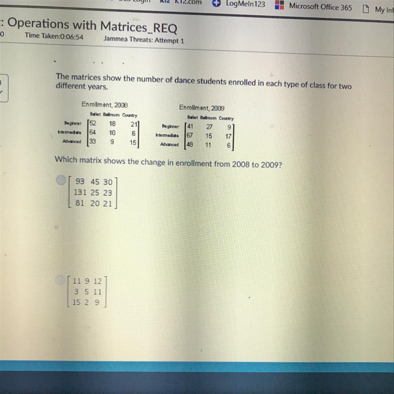 Which matrix shows the change in enrollment from 2008 to 2009?-example-1