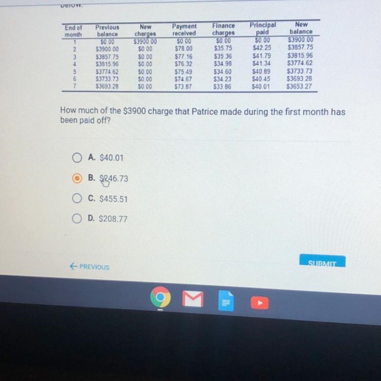 Patrice's credit card has an APR of 11%, calculated on the previous monthly balance-example-1