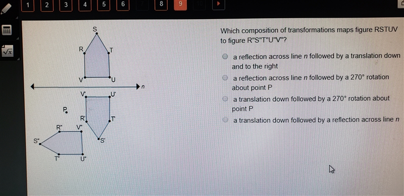 Which composition of transformations maps figure RSTUV to figure R"S"T&quot-example-1