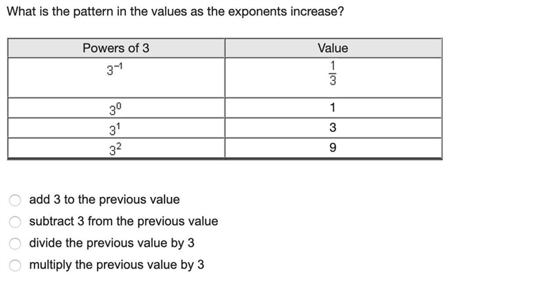 What is the pattern in the values as the exponents increase?-example-1