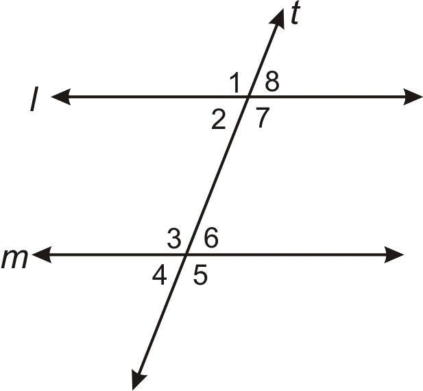 If line t is a transversal of lines l and m, name the angle relationship of the given-example-1