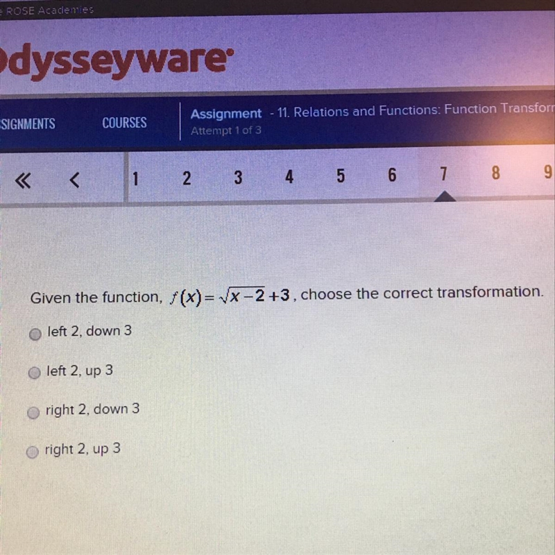 Given the function, f(x)=/x-2+3, choose the correct transformation.-example-1