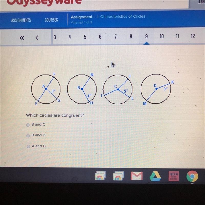 Which circles are congruent? B and C B and D A and D-example-1