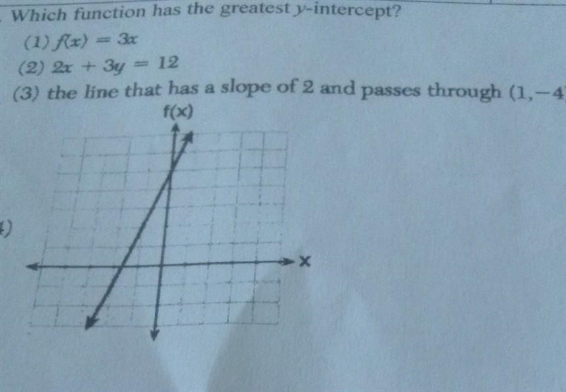 which function has the greatest y- intercept? A. f(x)= 3x) B. 2x+3y=12 ) C. the line-example-1