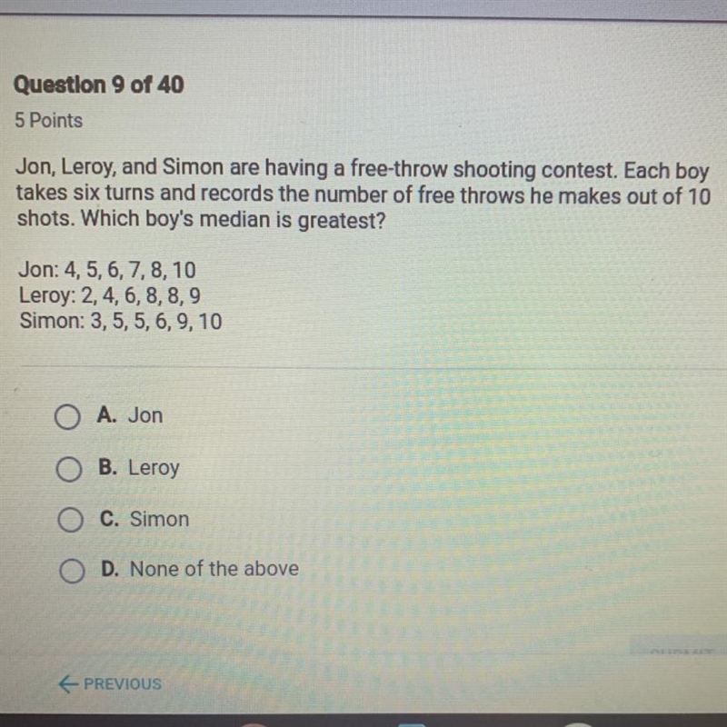 Jon, Leroy, and Simon are having a free-throw shooting contest. Each boy takes six-example-1