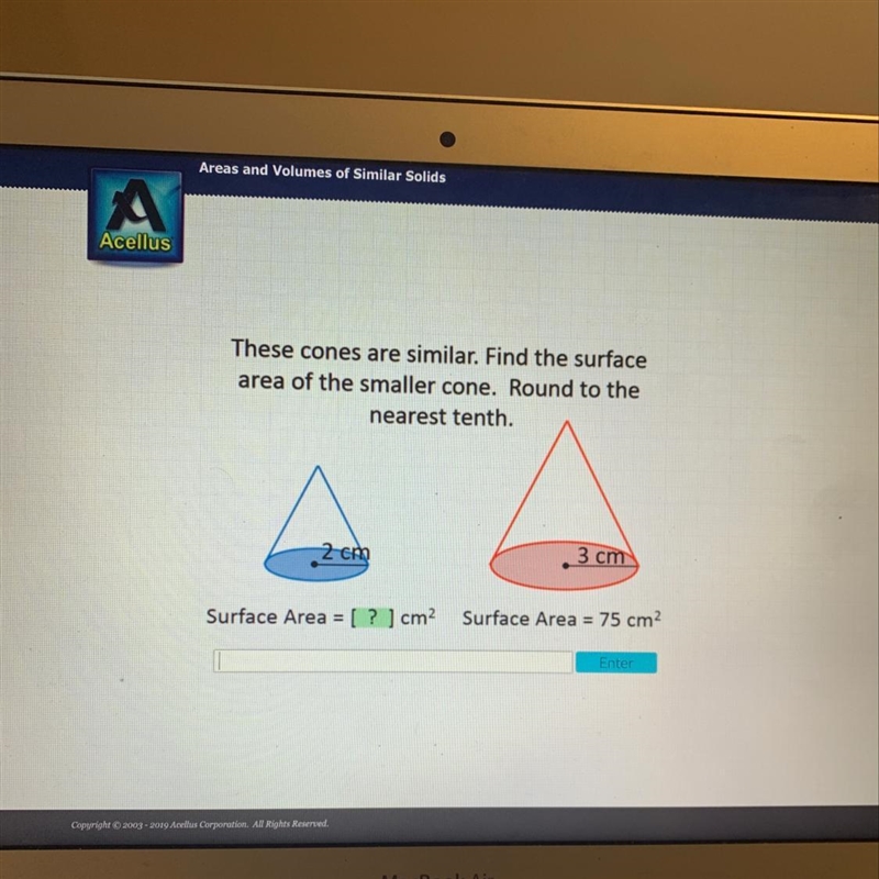 What is the surface area of the smaller cone-example-1