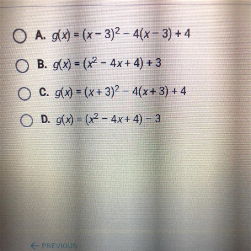 The function f(x) = x^2-4x+4 is shifted 3 units to the left to create g(x). what is-example-1