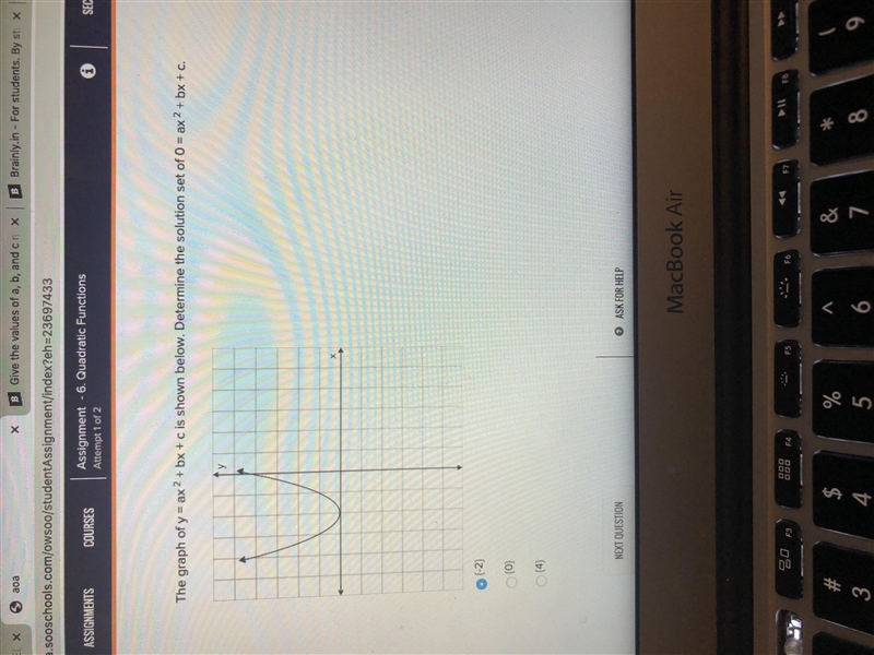 PLEASE HELPP!! The graph of y = ax^2 + bx + c is shown below. Determine the solution-example-1