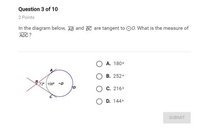 In the diagram below, ab and bc are tangent to o. what is the measure of adc-example-1