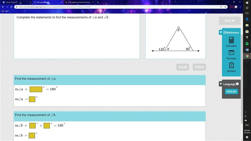 Complete the statements to find the measurements of ∠a and ∠b .-example-1