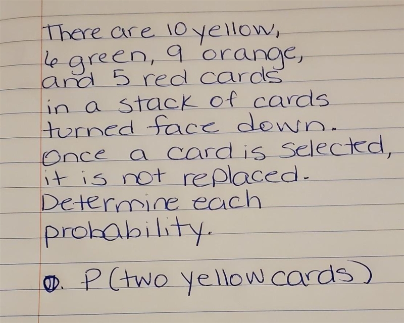 There are 10 yellow, 6 green, 9 orange, and 5 res cards in a stack of cards turned-example-1