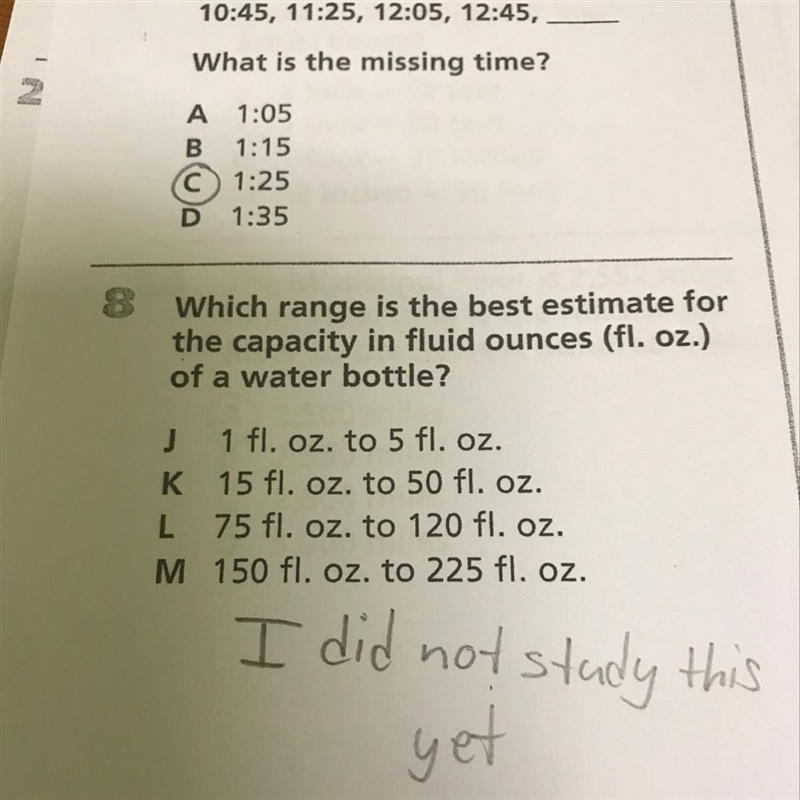 Which range is the best estimate for capacity in the fluid ounces of a water bottle-example-1