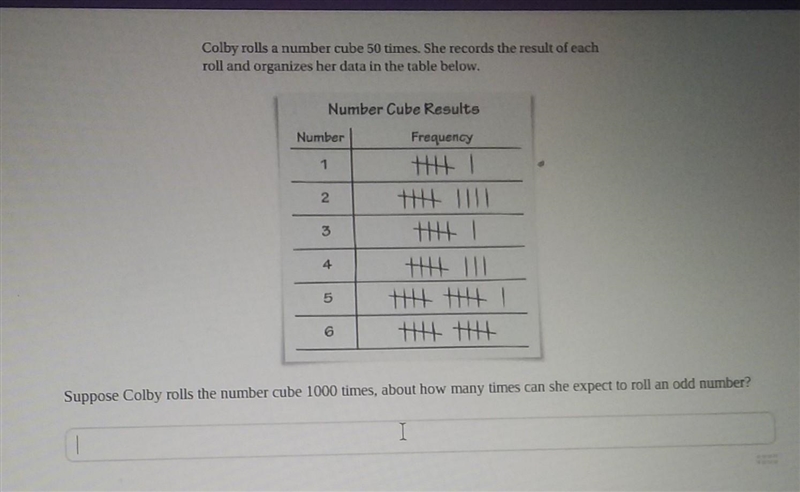 Suppose Colby rolls the number cube 1000 times, about how many times can she expect-example-1