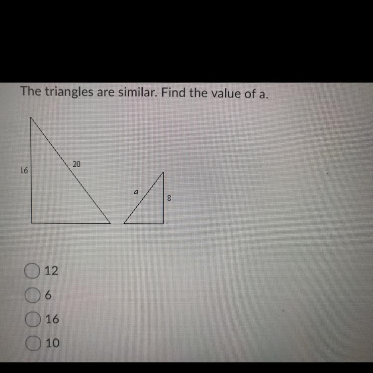 The triangles are similar. Find the value of A.-example-1