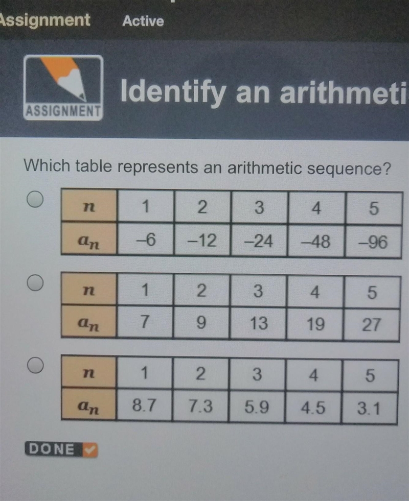 Which table represents an arithmetic sequence? ​-example-1