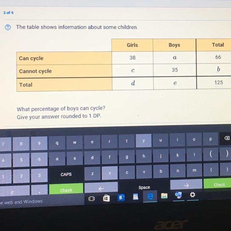 What percentage of boys can cycle give your answer rounded to 1 DP??????-example-1