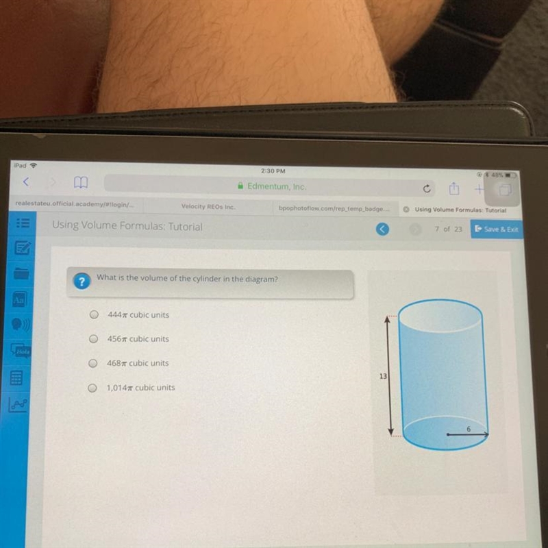 What is the volume of the cylinder in the diagram? Ο 444π cubic units Ο 456π cubic-example-1