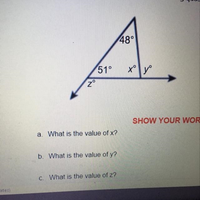 48 51° SHOW YOUR WORK a. What is the value of x? b. What is the value of y? c. What-example-1