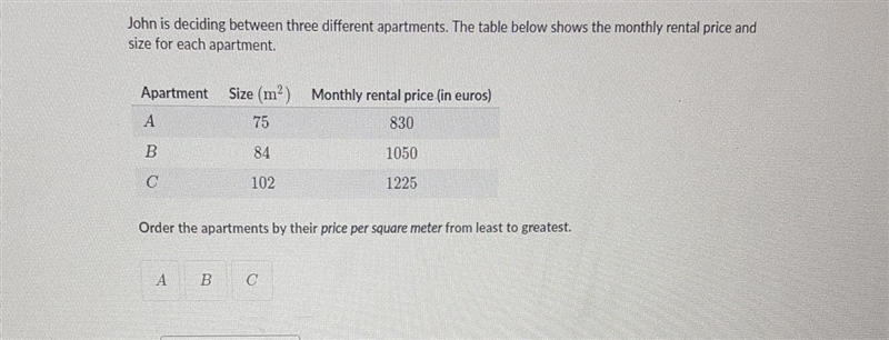 John is deciding between three different apartments. The table shows the monthly rental-example-1