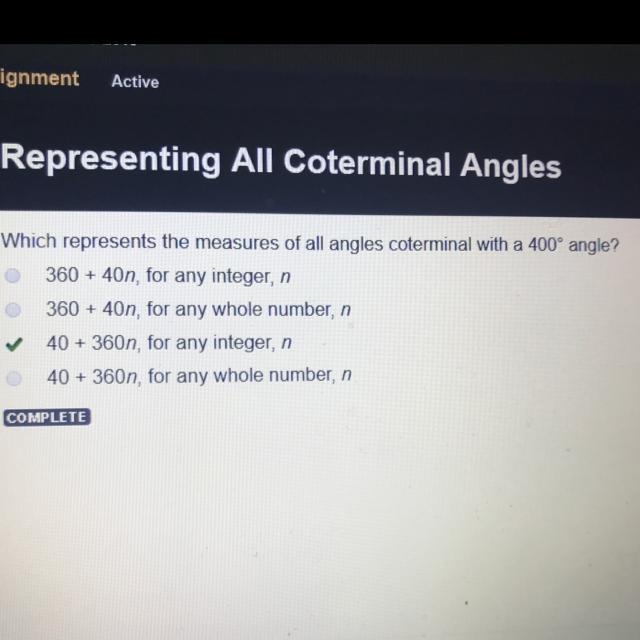 Which represents the measures of all angles coterminal with a 400 angle-example-1