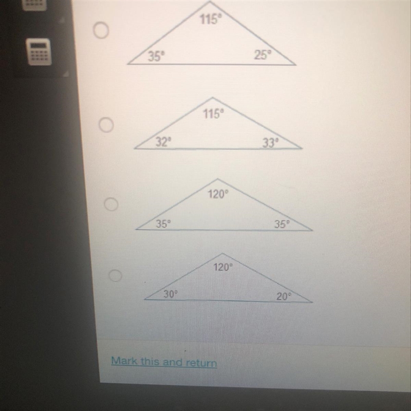 Which diagram shows possible angle measurements of a triangle-example-1