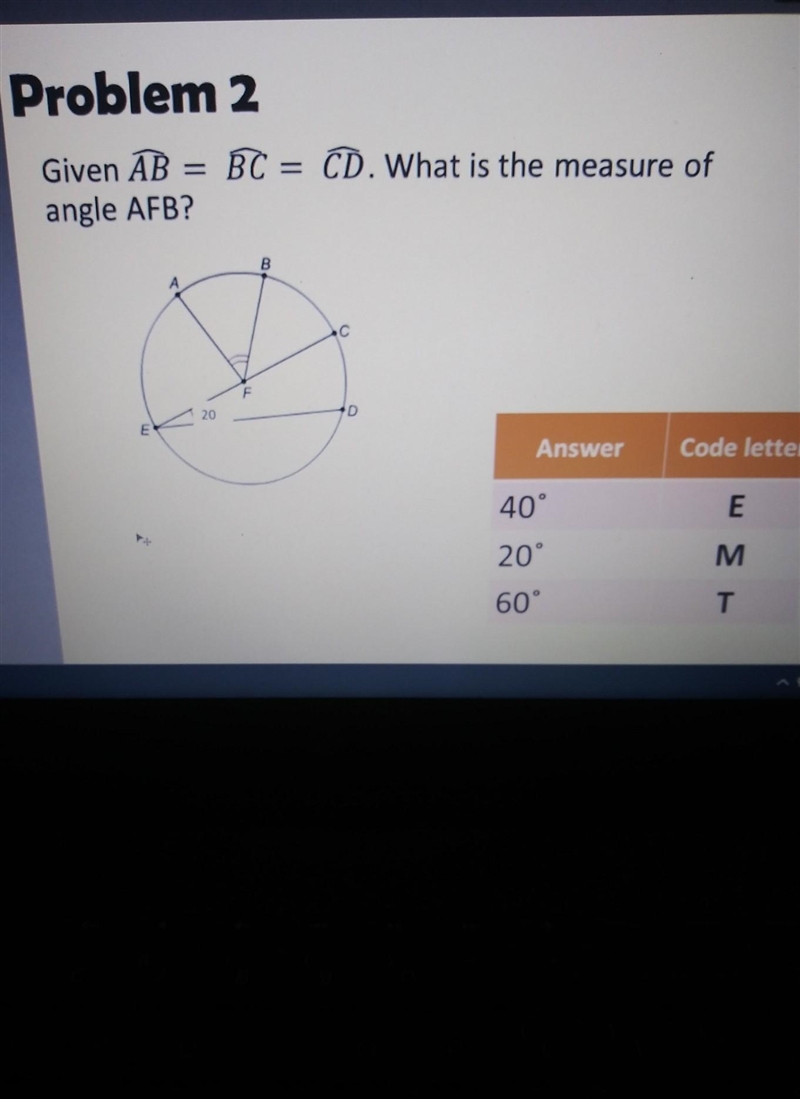 Given AB= BC= CD. What is the measure of angle AFB? ​-example-1