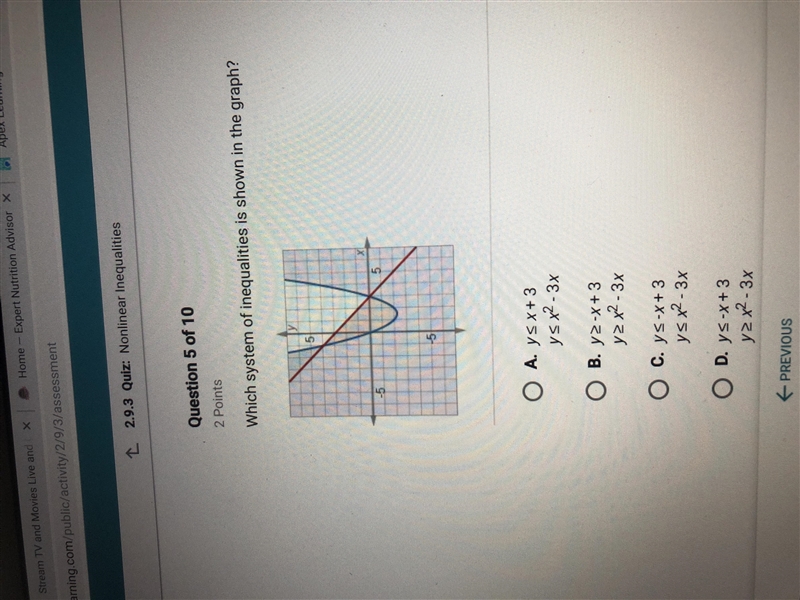 Which system of inequalities is shown in the graph-example-1