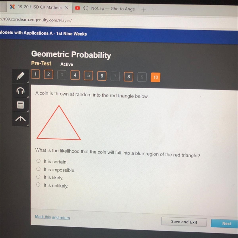 What is the likelihood that the coin will fall into a blue region of the red triangle-example-1