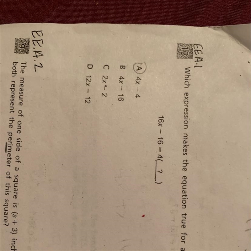 Which expression makes the equation true for all values of x ? 16x-16=4(?)-example-1