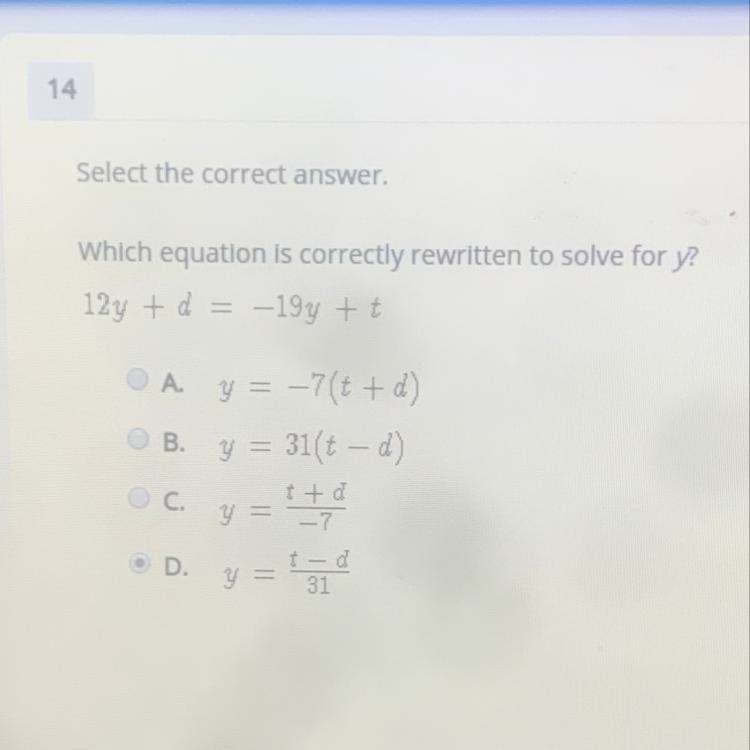 Select the correct answer. Which equation is correctly rewritten to solve for y? 12y-example-1