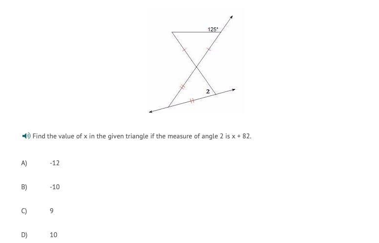 Find the value of x in the given triangle if the measure of angle 2 is x + 82. A) -12 B-example-1