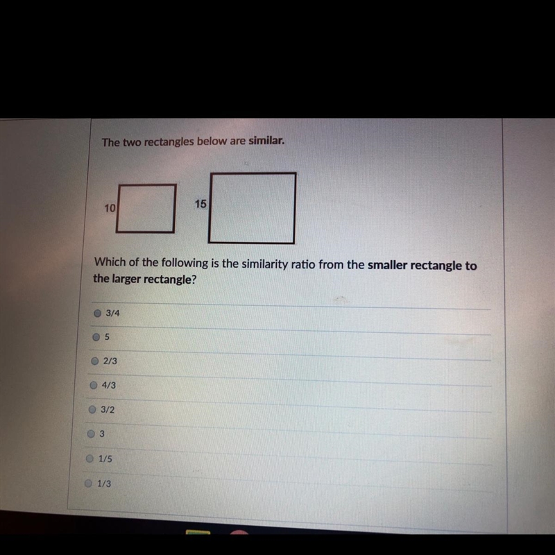 Which of the following is the similitary ratio from the smaller rectangle to the larger-example-1