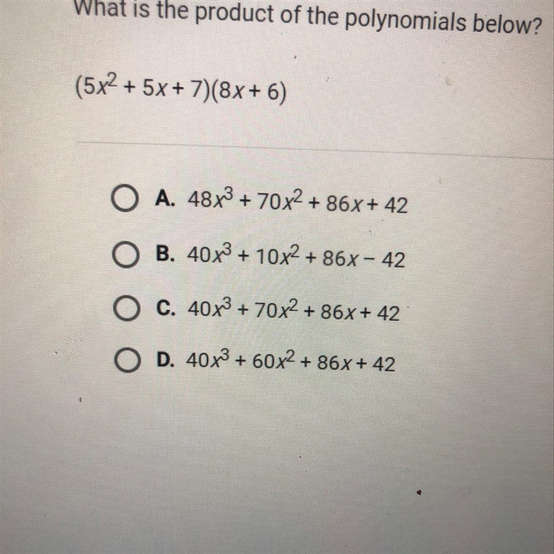 What is the product of the polynomials below? (5x^2+5x+7)(8x+6)-example-1