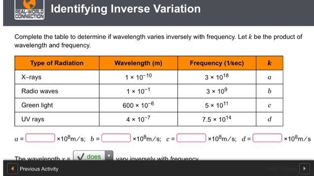 Complete the table to determine if wavelength varies inversely with frequency...-example-1