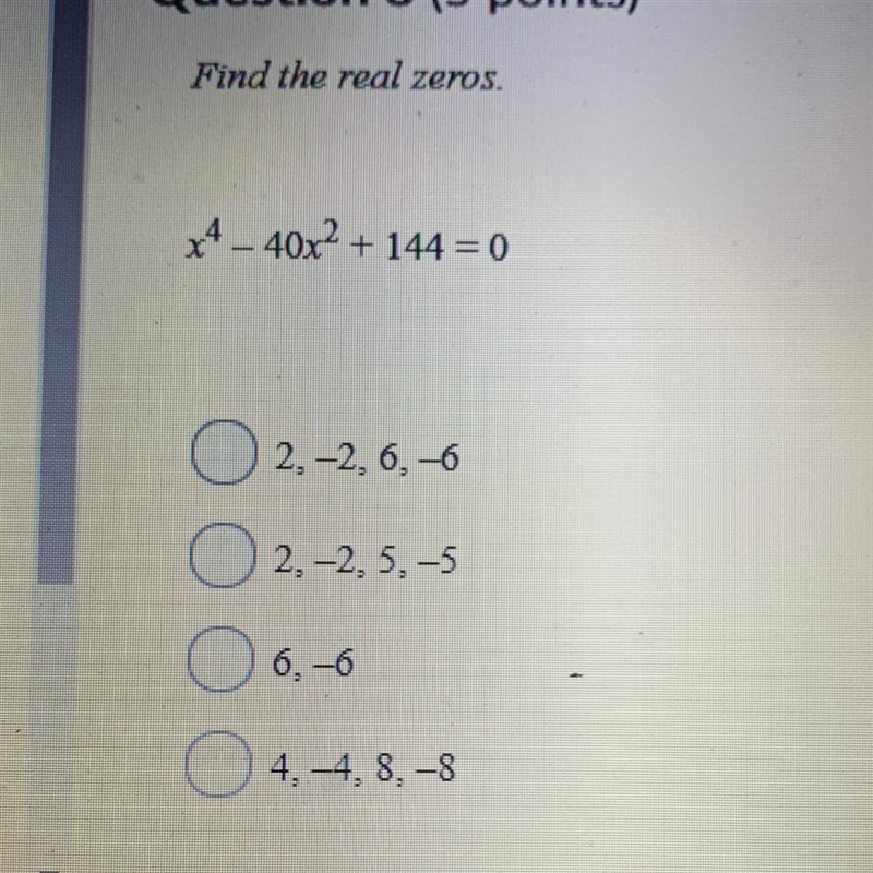 Find the real zeros x^4-40x^2+144=0-example-1