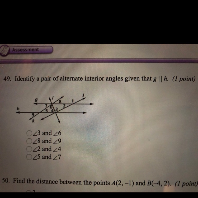 Identify a pair of alternate interior angles given that g||h-example-1