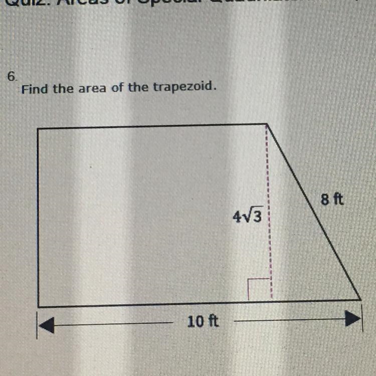 Find the area of the trapezoid!!!! PLEASE HELP!!!! 64 ft^2 54✔️3 ft^2 32✔️3 ft^2 48✔️3 ft-example-1