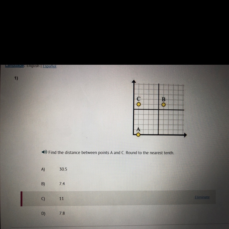 Find the distance between points A and C round to the nearest tenth.-example-1