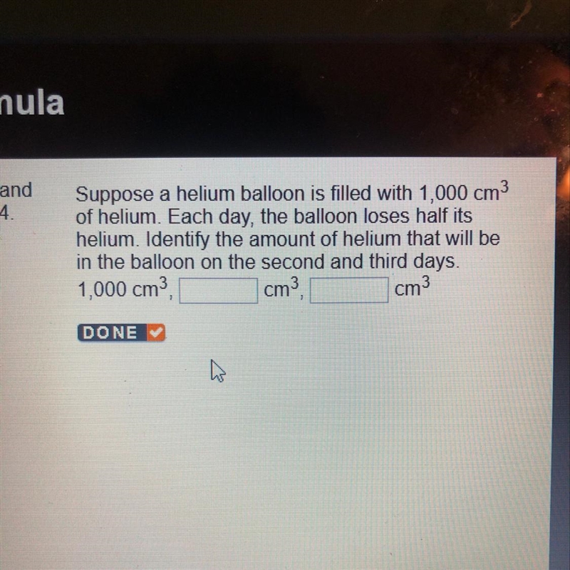 Suppose a helium balloon is filled with 1,000 cm^3 of helium. Identify the amount-example-1