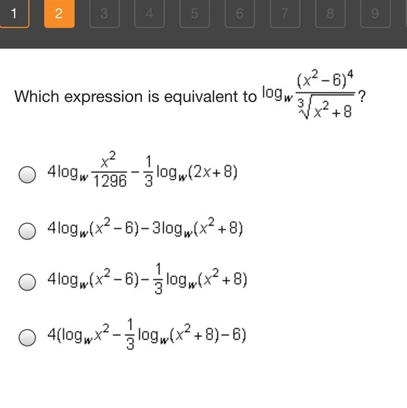 Which expression is equivalent to log w (x^2 -6)^4/ 3 sqrt x^2+8?-example-1