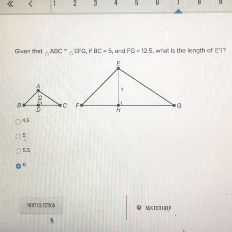 Given that triangle ABC is similar to triangle EFG, if BC = 5, and FG = 12.5, what-example-1