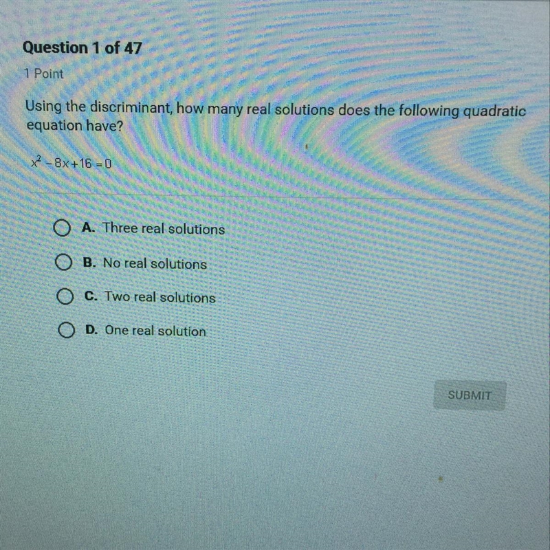 Using the discriminant, how many real solutions does the following quadratic equation-example-1