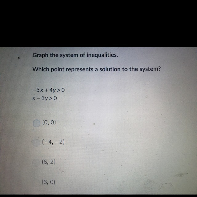 Graph the system of inequalities . Which point represents a solution to the system-example-1